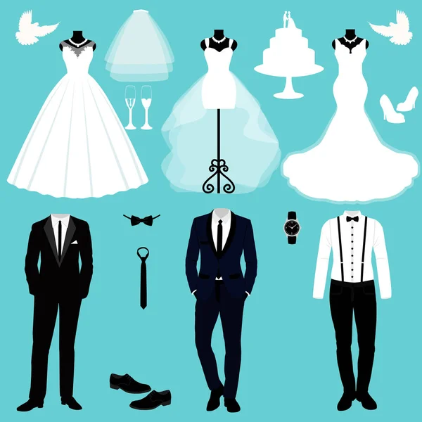 Svatební přání s šaty nevěsty a ženicha. — Stockový vektor
