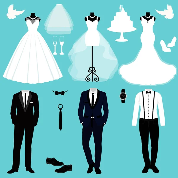 Gelin ve damat elbiseleri ile düğün kartı. 
