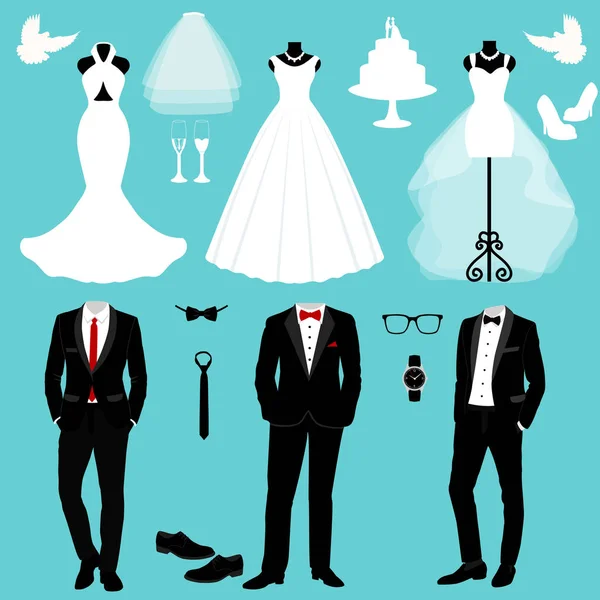 Σετ γάμου. Μια σειρά από ρούχα του γάμου. — Διανυσματικό Αρχείο