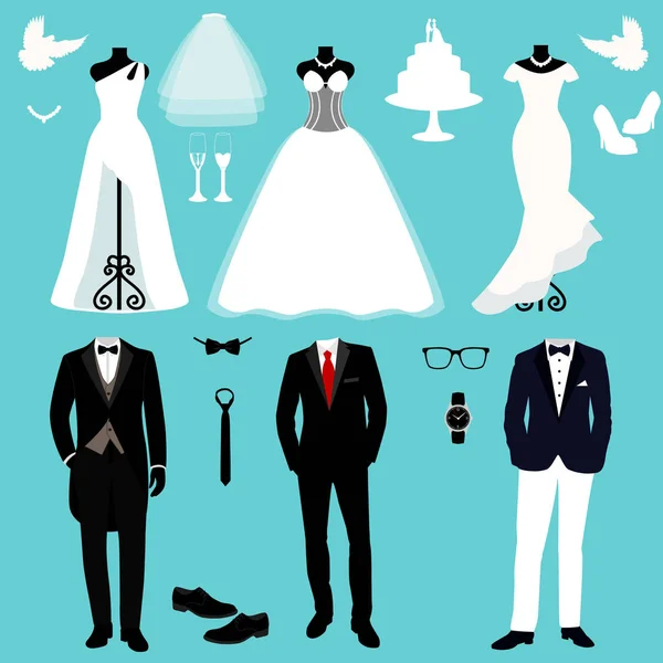 Ensemble de mariage. Un ensemble de vêtements de mariage . — Image vectorielle