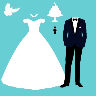 Gelin ve damat elbiseleri ile düğün kartı.