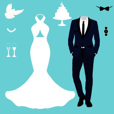 Gelin ve damat elbiseleri ile düğün kartı.