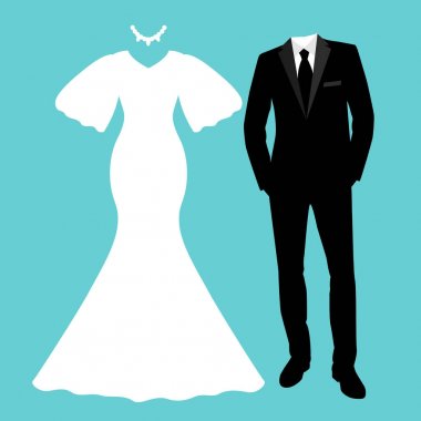 Gelin ve damat elbiseleri ile düğün kartı.