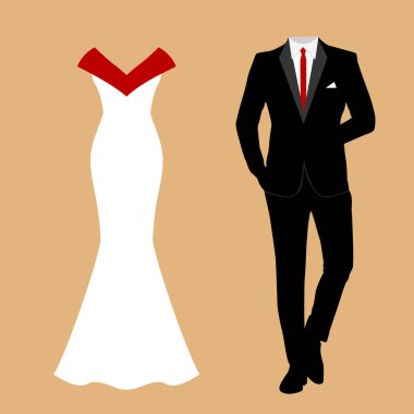 Gelin ve damat elbiseleri ile düğün kartı.