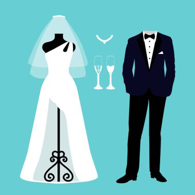 Gelin ve damat elbiseleri ile düğün kartı.