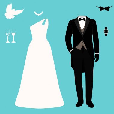Gelin ve damat elbiseleri ile düğün kartı.
