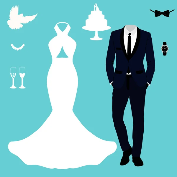 Kartu pernikahan dengan pakaian pengantin pria dan wanita . - Stok Vektor