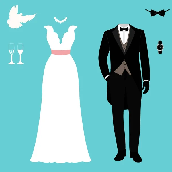 Tarjeta de boda con la ropa de la novia y el novio . — Vector de stock