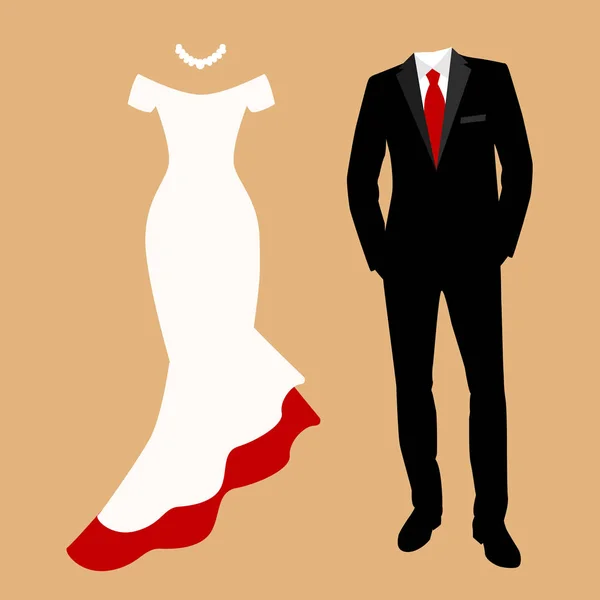 Tarjeta de boda con la ropa de la novia y el novio . — Vector de stock