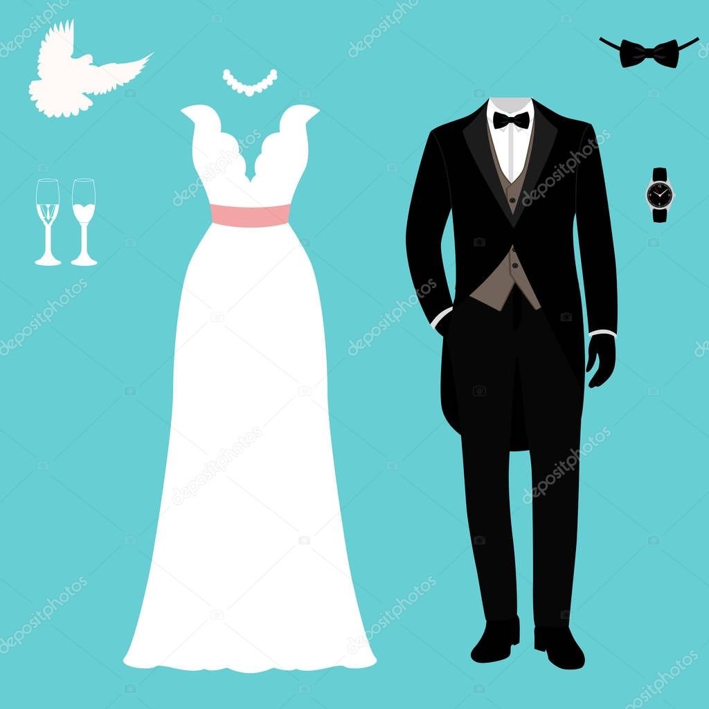Wedding card with the clothes of the bride and groom.