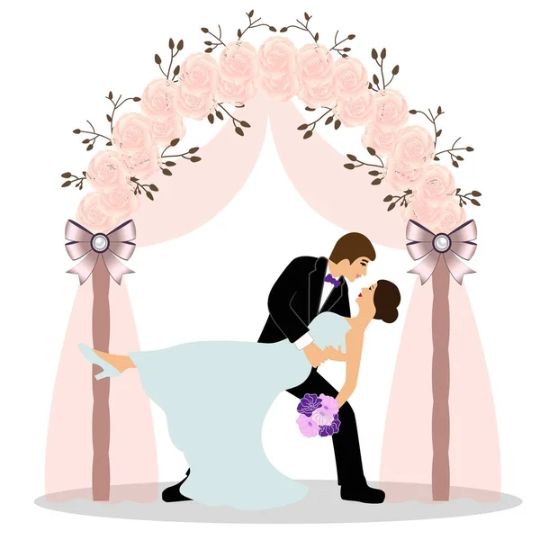 Свадебная арка с женихом и невестой . — стоковый вектор