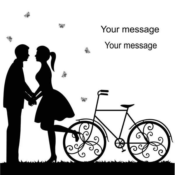 Tarjeta de boda con una bicicleta decorativa y recién casados . — Vector de stock