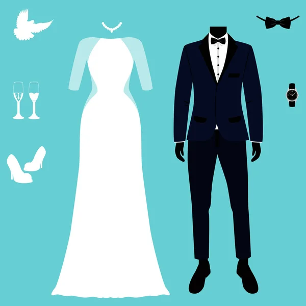 Tarjeta de boda con la ropa de la novia y el novio . — Vector de stock