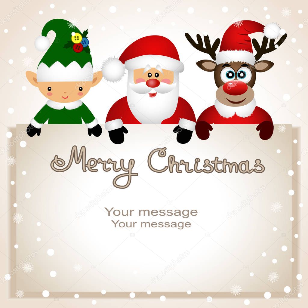 Funny postcard with Christmas Elf, Christmas reindeer and Santa.