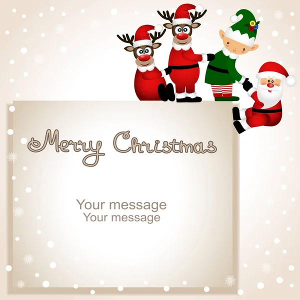 Funny postcard with Christmas Elf, Christmas reindeer and Santa. — Stock Vector