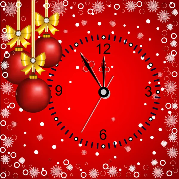 Weihnachtskarte mit Dekoration und Uhr auf rotem Hintergrund. — Stockvektor