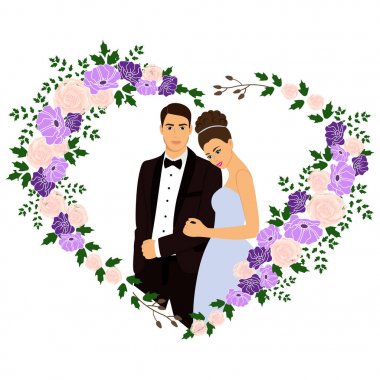 Sevgililer günü. Çiçekler kalbinde bir çift ile kart