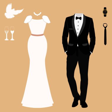 Gelin ve damat elbiseleri ile düğün kartı. 