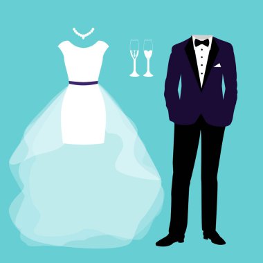 Gelin ve damat elbiseleri ile düğün kartı. 