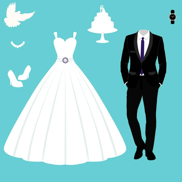 Tarjeta de boda con la ropa de la novia y el novio . — Vector de stock