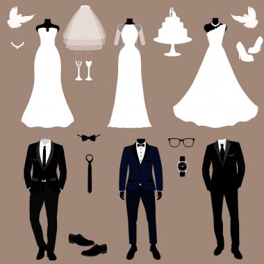 Gelin ve damat elbiseleri ile düğün kartı. 