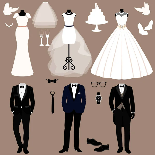 Tarjeta de boda con la ropa de la novia y el novio . — Vector de stock