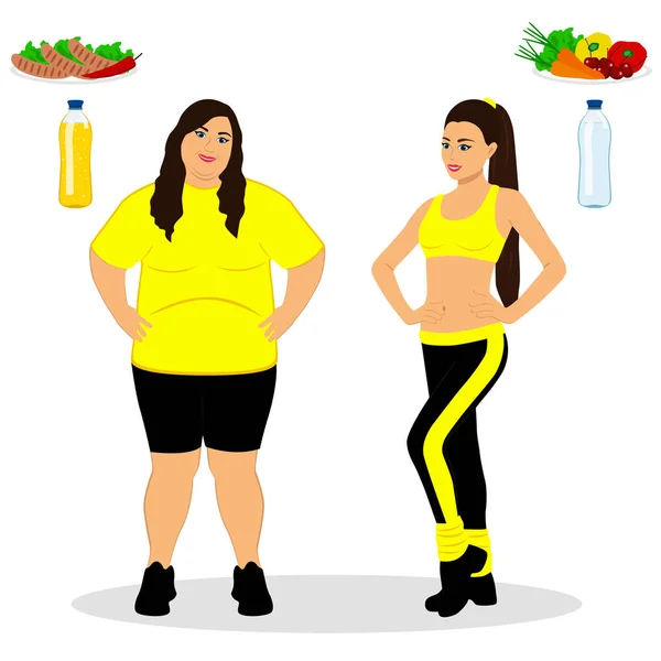 Thin and fat. Proper nutrition. From fat to thin. — Stock Vector