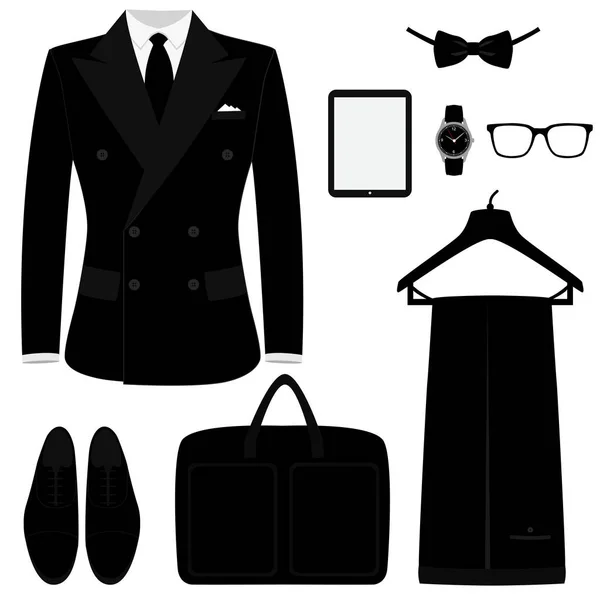 Heren smoking. Mens accessoires. Bruiloft mens set. — Stockvector