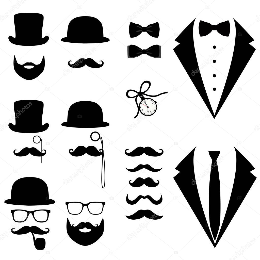 Men's tuxedo. Mustache, glasses, beard, pipe and top hat. Weddind suits with bow tie and with necktie. Vector illustration