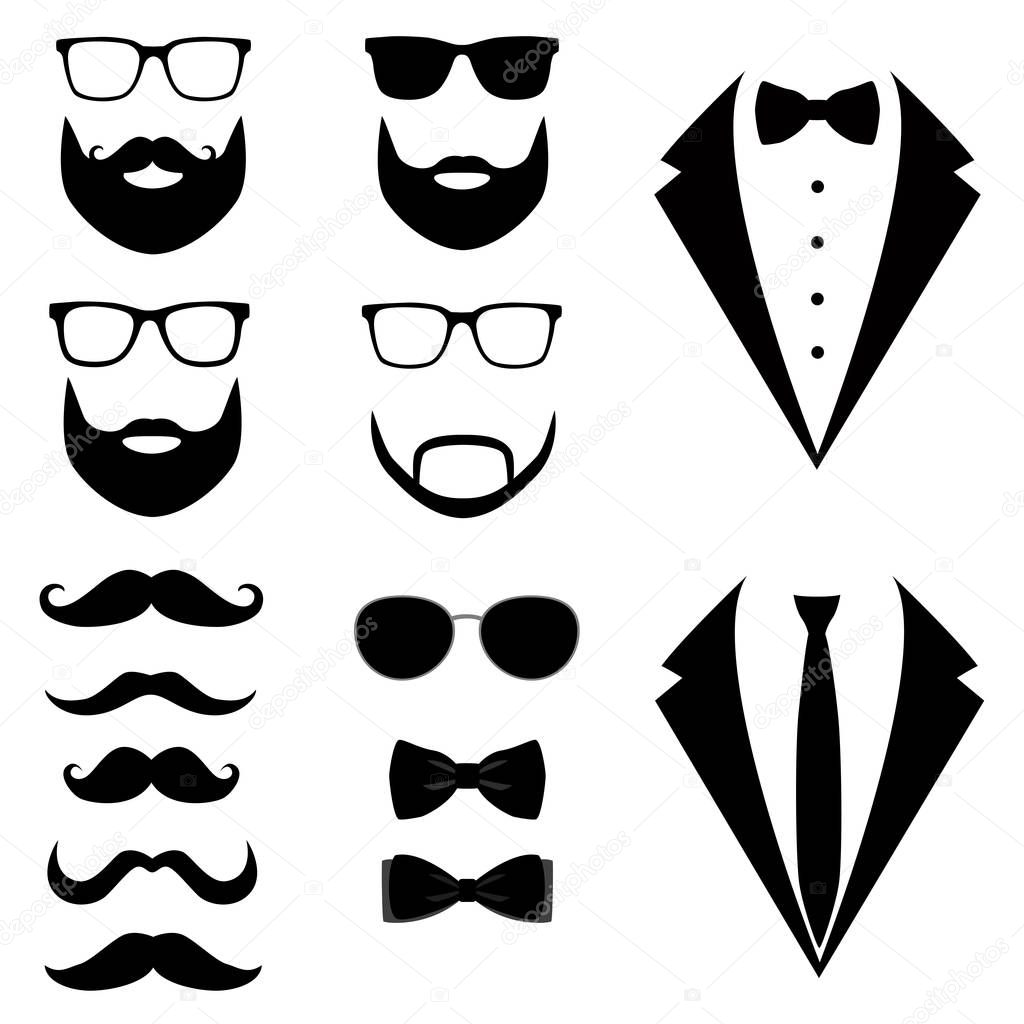 Men's tuxedo. Mustaches, glasses, beard. Weddind suits with bow tie and with necktie. Vector illustration