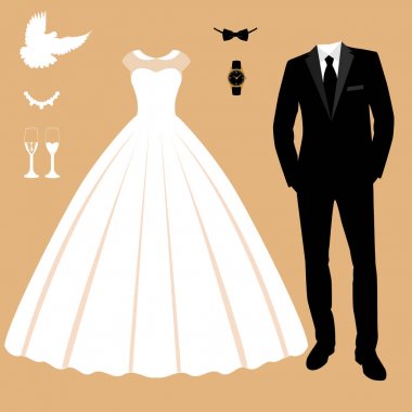 Gelin ve damat elbiseleri ile düğün kartı.