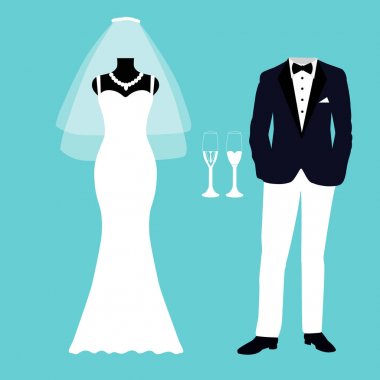 Gelin ve damat elbiseleri ile düğün kartı. 