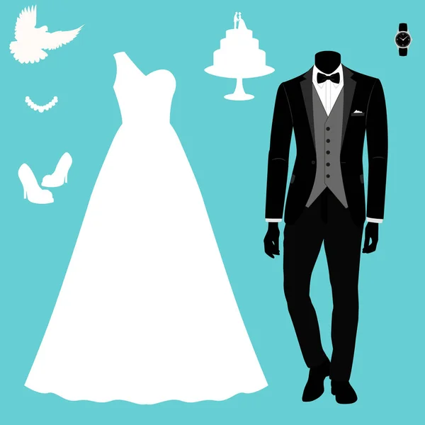 Tarjeta de boda con la ropa de la novia y el novio . — Vector de stock