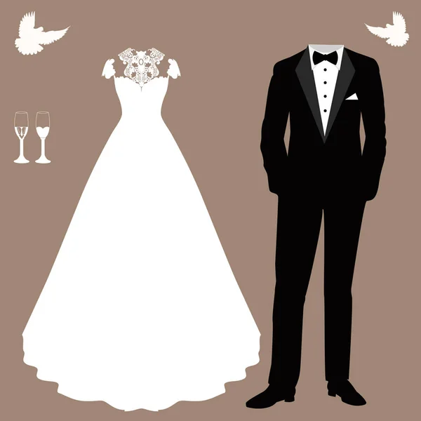 与衣裳的新娘和新郎的婚礼卡 婚礼套 美丽的婚纱礼服和燕尾服 矢量图 — 图库矢量图片