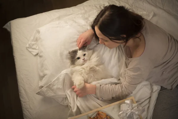Девочка будит кошку по утрам — стоковое фото