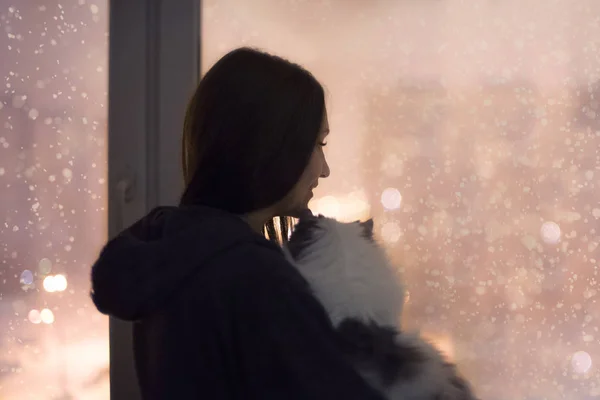 Το κορίτσι και την γάτα κοιτάζω έξω από το παράθυρο το χιόνι — Φωτογραφία Αρχείου