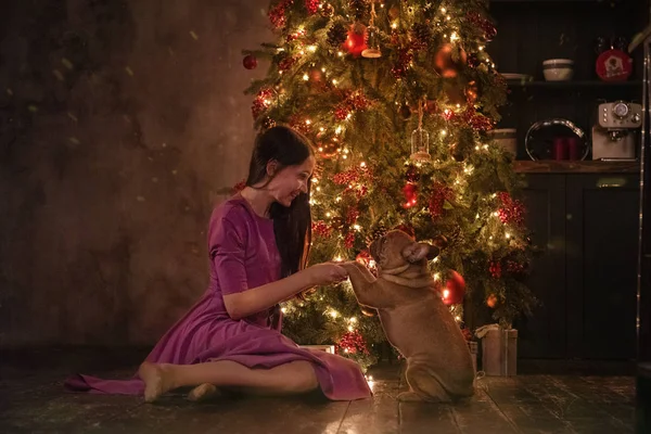 Mujer cerca de Árbol de Navidad con perro — Foto de Stock