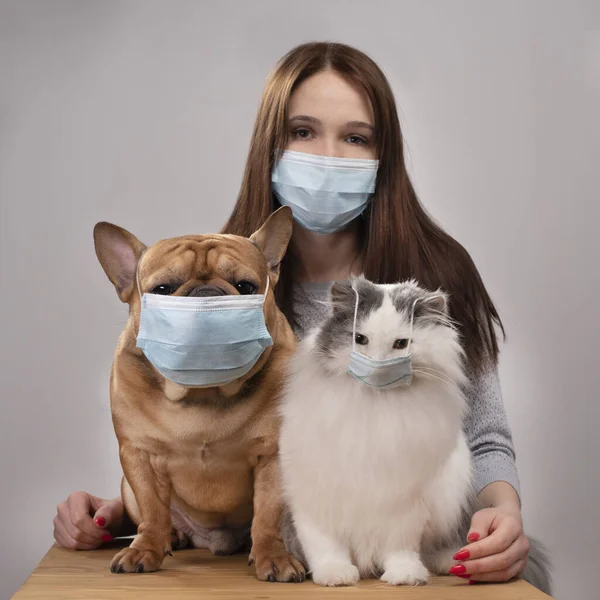 Young Girl Her Cat Dog Medical Masks Pandemic — Stock Photo, Image