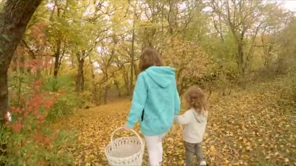 Kinderen kijken in het gebladerte van paddenstoelen — Stockvideo