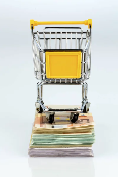 Shopping cart on bills — Stock Photo, Image