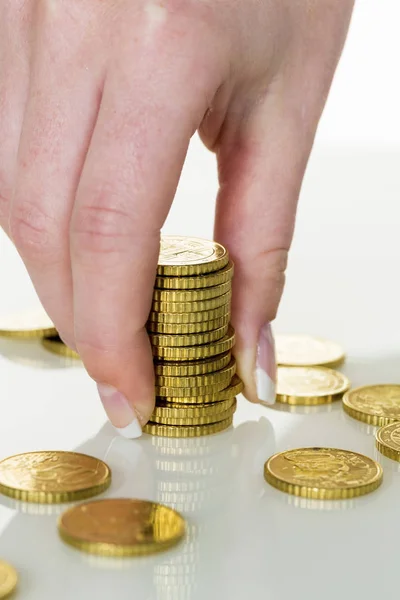 Save woman with stack of coins when money — Stock Photo, Image