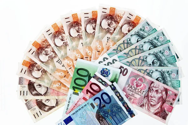 Notas de euro e coroas checas — Fotografia de Stock
