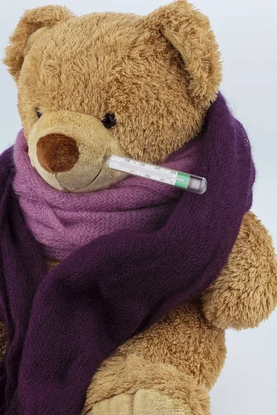 Teddybär mit Fieberthermometer — Stockfoto