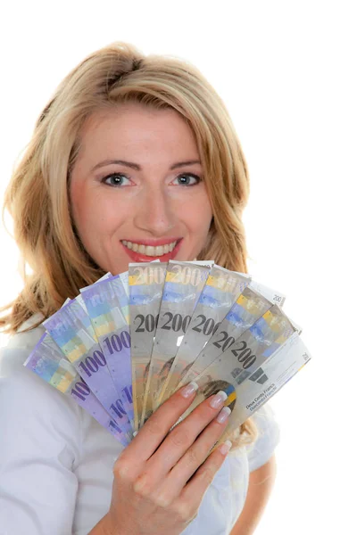 Femme avec des billets de francs suisses — Photo