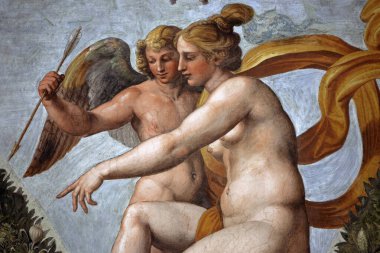 Raphael 'in Roma' daki Villa Farnesina 'nın Duvar resimleri. Venüs, Aşk Tanrısı Ruh 'u gösteriyor