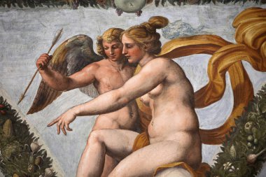 Raphael 'in Roma' daki Villa Farnesina 'nın Duvar resimleri. Venüs, Aşk Tanrısı Ruh 'u gösteriyor
