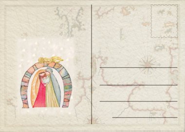 Elle çizilmiş arka kartpostal Christmas doğum sahnesi ile