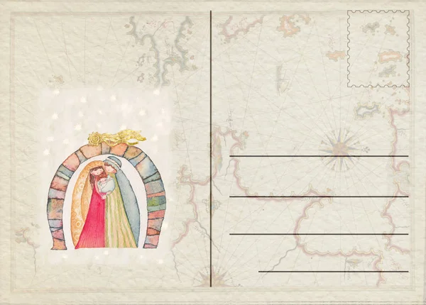 Hand drawn back postcard with Christmas nativity scene