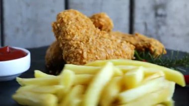 Ekmekli çıtır tavuk kanat nuggets kızarmış soslu patates kızartması