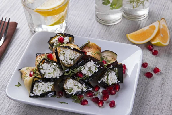 Rolls Fried Eggplant Cheese Pomegranate Seeds — Stock Photo, Image